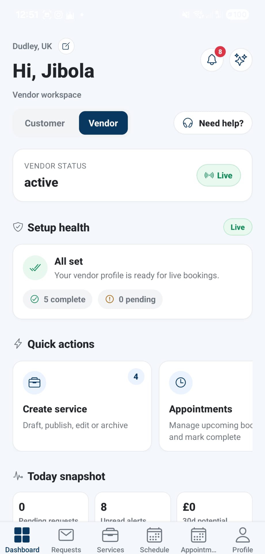 Owo360 vendor dashboard screenshot